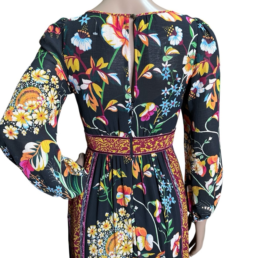 Anthropologie Adair Vibrant Floral Velvet-Trimmed Midi Dress Flounce Ruffle - Picture 9 of 12